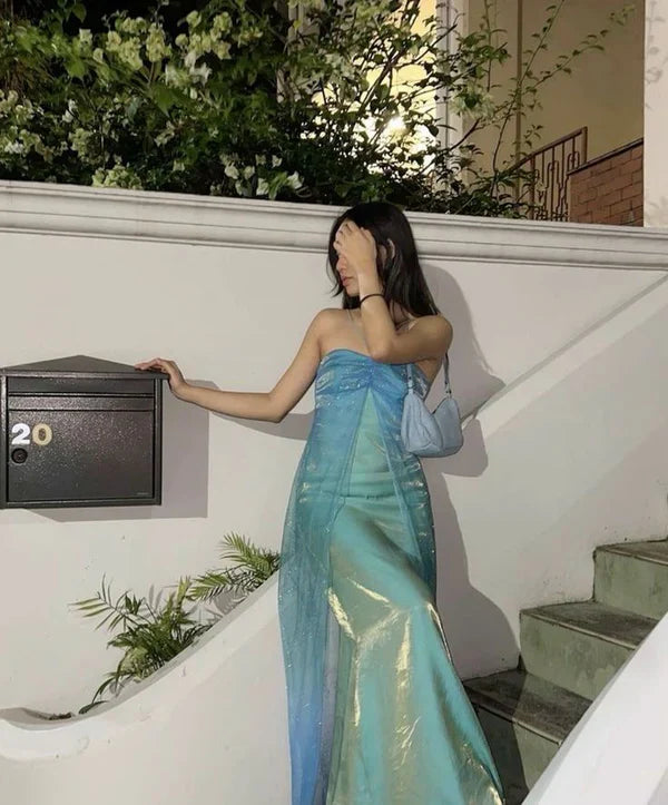 A Line Halter Blue Chiffon Satin Long Prom Dress Graduation Prom Dress